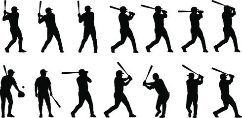 Obraz premium Baseball player silhouette set, batting stance vector, sports figure illustration, hitter pose icons, athletic action clipart, baseball training, professional sports graphics