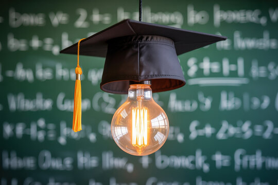Illuminating Education Concept with Graduation Cap Topping a Lit Lightbulb Against Chalkboard Background