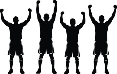 Basketball player silhouette celebration pose, victorious athlete raising arms, sports victory concept, black and white vector illustration, fitness and motivation design