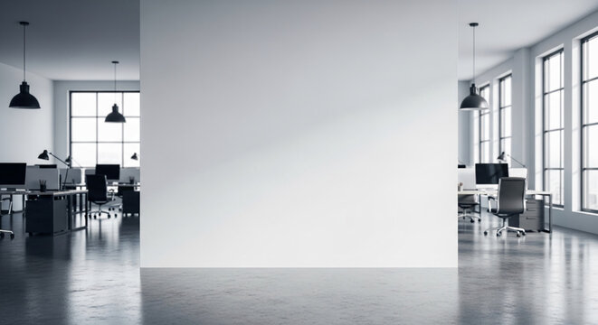 Large blank wall in modern office space, showcasing free space for advertisement or text, minimalist design, ideal for business presentations or branding