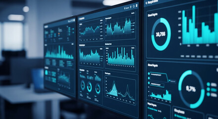 Multiple screens display various graphs and charts, showcasing data analysis and business intelligence, representing technological advancement and progress in data visualization