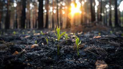 Green shoots emerging from burnt soil in forest during sunset  