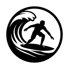 Silhouette of a surfer riding a wave inside a circle