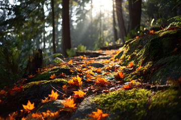 Autumn forest path covered in colorful leaves with sunlight filtering  