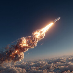 Rocket launching into the sky with clouds and smoke trail  