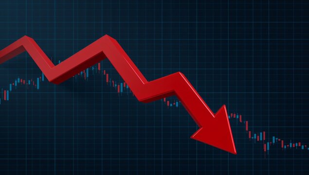Red arrow pointing down on a financial stock market graph indicating a decline