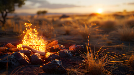 Campfire burning in the wilderness at sunset surrounded by stones  