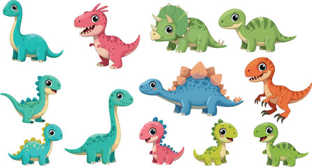 Cartoon dinosaurs set, colorful prehistoric animals, kids dinosaur illustrations, playful dino characters, educational vector, dinosaur species, cute jurassic art, children’s design