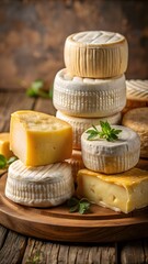 Artisan cheese stack arranged on wooden board, a delicious gourmet treat perfect for culinary projects and food blogs