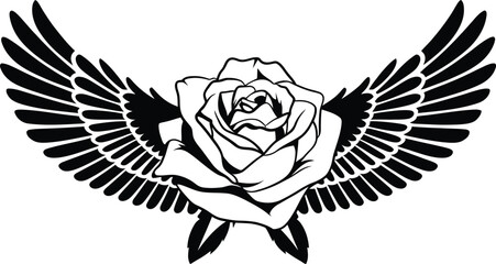 Black and White Winged Rose Vector Illustration – Floral Tattoo Design