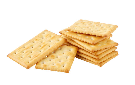 Crispy golden brown square salted crackers stack on isolated white background for snack lovers