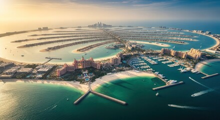 Panoramic aerial view of a luxurious artificial archipelago, featuring numerous palm-shaped islands, hotels, and marinas, bathed in golden sunlight