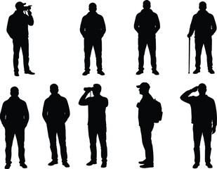 Standing man silhouette set men in various poses binoculars cane salute backpack black vector clipart on white background human figure people icon art