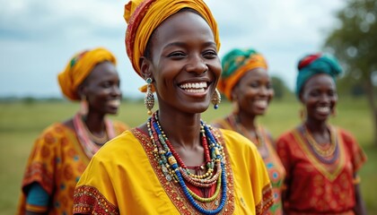 Smiling Kenyan women in vibrant traditional attire, celebrating together outdoors. Colorful clothing, beaded necklaces, headscarves signify rich cultural heritage. Group shares joyful moment,