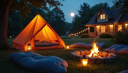 Cozy backyard campsite with illuminated orange tent, glowing lanterns, crackling campfire. Sleeping bags spread on grass near rustic fire pit. Charming house with string lights visible in background