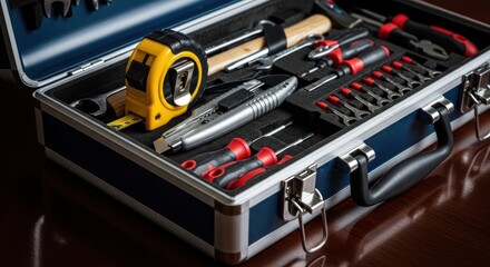 Fototapeta premium Open metal toolbox filled with assorted tools