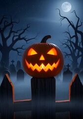 Obraz premium Scary Halloween Jack-O’-Lantern in Dark Forest at Night
