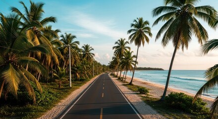 Palm-lined road to beach at dawn