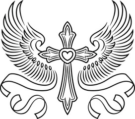 Winged Cross with Heart and Ribbons , Vector Illustration