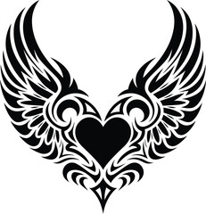 Tribal Winged Heart – Black and White Vector Tattoo Design