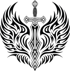 Tribal Sword and Wings Vector Tattoo Design