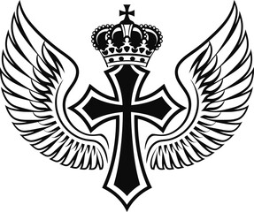 Obraz premium Winged Cross with Crown Vector – Religious Heraldic Emblem Design