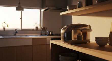 Modern kitchen interior, sunlit, wooden shelves, rice cooker