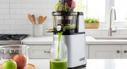 Modern juicer pouring vibrant green juice into a glass jar. Fresh fruits and vegetables are nearby. Kitchen setting is bright and clean