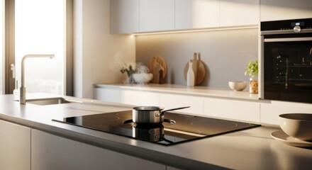 Fototapeta premium Modern kitchen, sunlit interior, minimalist design, sleek appliances, light gray cabinets, countertop stovetop