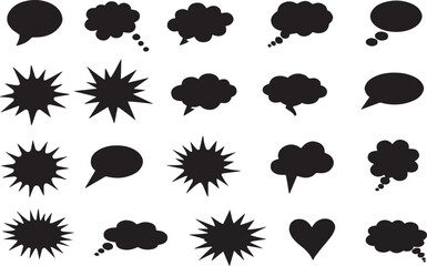 Comic Speech Bubble Icons – Thought, Talk, Heart & Explosion Shape Silhouettes vector design. grunge texture Vector illustration on transparent background.  © Nirob Hoseen