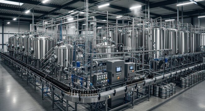 Modern brewery production line.  Stainless steel tanks, pipes, and conveyors fill a large, industrial space