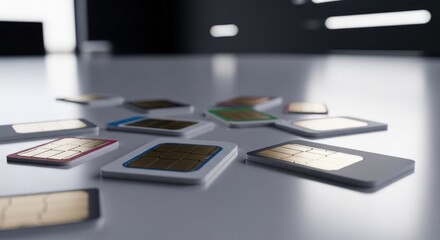 Many SIM cards scattered on a smooth surface