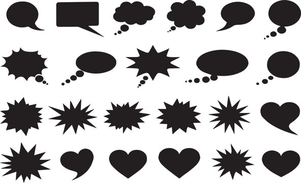 Black Comic Speech Bubble and Heart grunge texture Vector Set – Chat Cloud Shapes & Pop Art Silhouettes Vector illustration transparent background