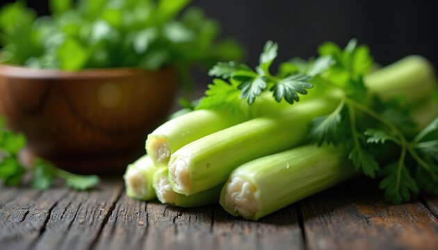 Fresh celery stalks and parsley, vibrant green vegetables perfect for detox juice cleanse. Crisp, crunchy, fiber-rich stalks are wholesome, natural ingredients. Rustic wooden table setting. - Powered by Adobe