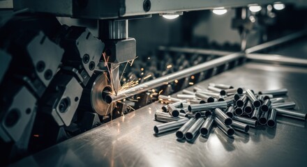 Fototapeta premium Industrial metal processing. A machine cuts a metal bar, sparks flying. Metal pieces are piled nearby