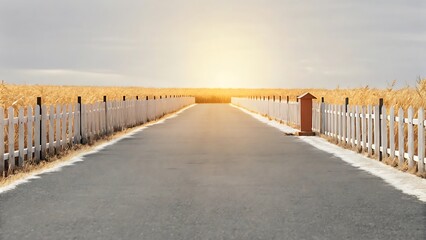 A road with white fence and wheat field scenery