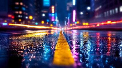 Obraz premium Nighttime futuristic neon reflections on damp city streets