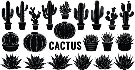 Black silhouette cactus collection, various potted succulent plants, desert flora vector illustration, botanical design, gardening decoration, nature and home decor art