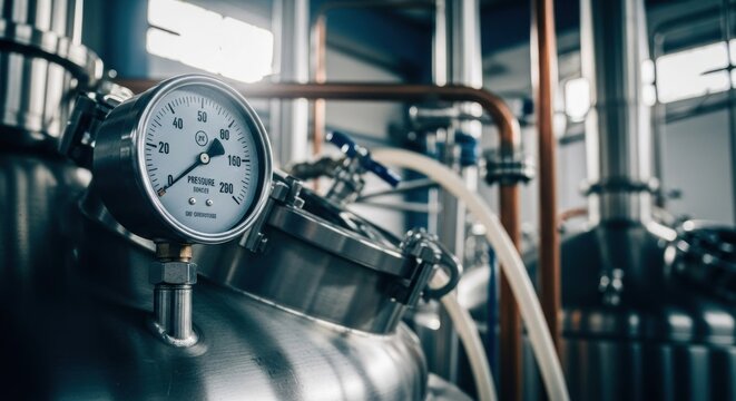 Industrial brewing equipment. Close-up view of pressure gauge and stainless steel tanks