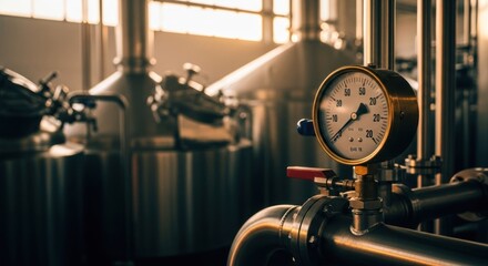 Industrial brewery interior, pressure gauge in focus.  Stainless steel tanks, copper pipes, and a pressure gauge are highlighted in the foreground and mid-ground