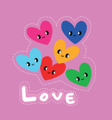 Hand Drawn Love message with cute colorful smiling hearts on violet Vector
