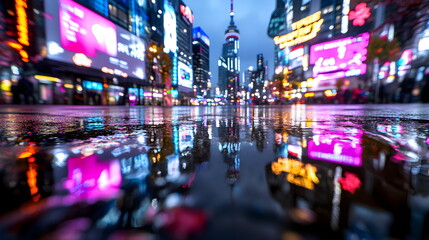 Nighttime futuristic neon reflections on damp city streets