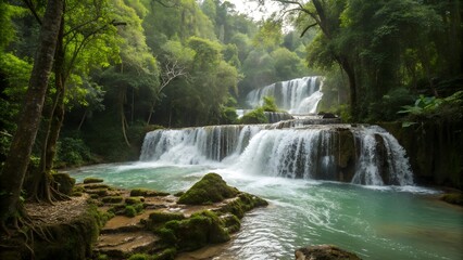 Obraz premium Lush tropical forest with cascading waterfalls and turquoise water flowing over mossy rocks
