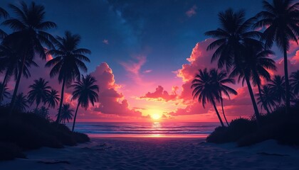 Vibrant sunset paints tropical beach sky with stars. Palm trees create silhouettes against colorful clouds. Ocean waves reflect warm light. Serene exotic paradise scene.