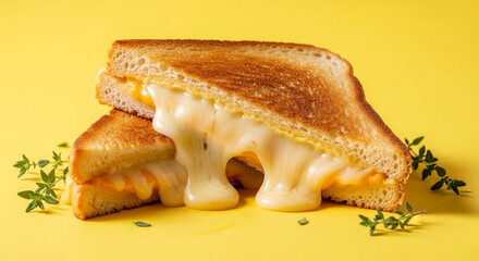 Grilled cheese sandwich with melted cheese, golden-brown crust, and thyme sprigs on yellow background, showcasing a delicious and comforting food image