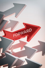 Dynamic Red Arrow Pointing Forward Amidst Gray Directional Arrows in a Modern Gradient Setting