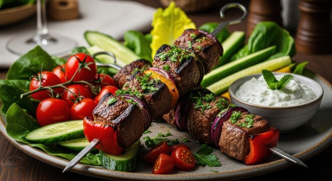 Grilled Beef and Vegetable Skewers with Tzatziki