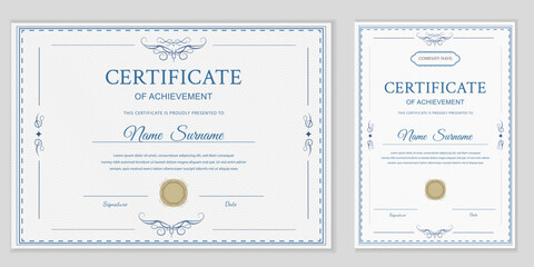Elegant certificate template in blue. Editable and printable for awards, diplomas, or achievements. Horizontal and vertical. Modern and  professional. Vector design. Easy to customize!