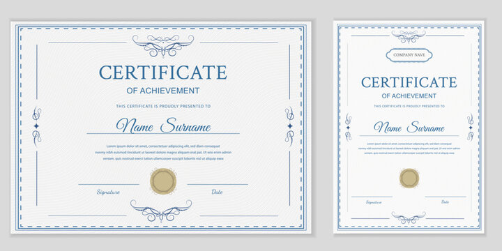 Elegant certificate template in blue. Editable and printable for awards, diplomas, or achievements. Horizontal and vertical. Modern and  professional. Vector design. Easy to customize!
