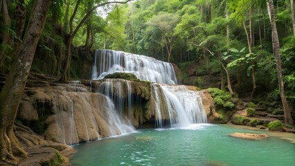 A scenic view of a tiered waterfall cascading into a turquoise pool surrounded by lush green forest